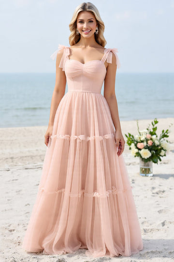 Blush Pink A Line Spaghetti Straps Pleated Long Bridesmaid Dress